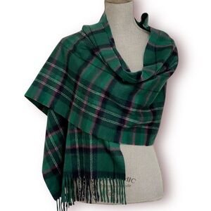 TALBOTS Softest 100% Cashmere Felt Plaid Scarf in Teal and Pink 78”x18.5”